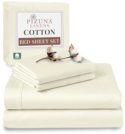 Pizuna 100% Cotton Super King Bed Sheet Set Off White 400 Thread Count | 400 Thead Count Long Staple Cotton Bedding, 300x280 cm, Soft Sateen 4 Pc King -fitted Flat Sheet & 2 Pillowcases