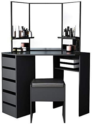 Wooden Corner Dressing Table Set, Modern Cosmetic Makeup Desk with 5 Drawers 3 Mirror Stool Vanity Dresser Console Table with Stool Bedroom Furniture (Black)