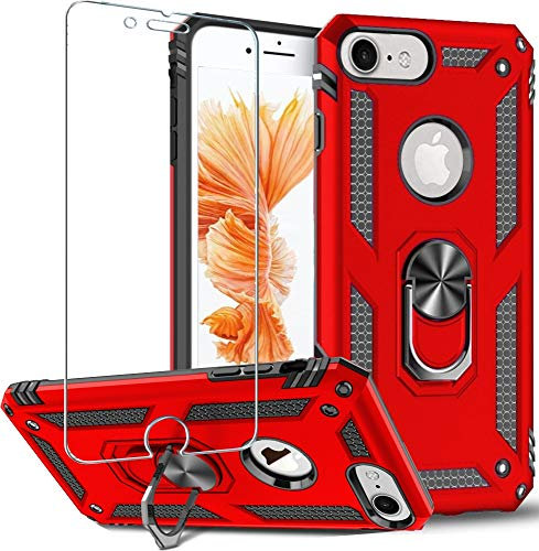 Folmeikat iPhone 8,iPhone 7,iPhone 6s/ 6 Phone Case, With Screen Protector 360 Degree Rotating Metal Ring Shock Absorption Reinforced Corner TPU for Apple iPhone 6/6s/7/8G 4.7 Red