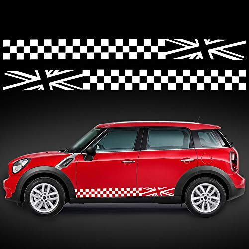 TOMALL 1 Pair 78.7'' Car Universal Racing Checkered Flag Side Stripes Decal Compatible with Mini Cooper Vinyl Waterproof Door Side Stickers Lattice Self-Adhesive Decal Decorations Accessories (White)