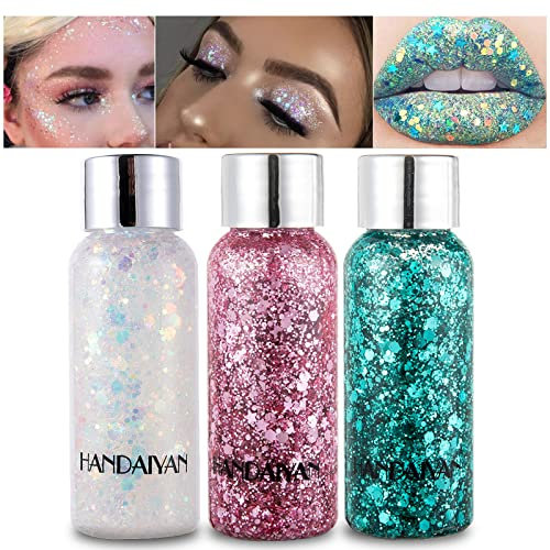 Prreal Body Glitter gel, 3 Bottle Mermaid Sequins Chunky Glitter Liquid Gel kit, Long-Lasting Glitter Sequins Chunky Powder Gel For Festival Masquerade Birthday Makeup#White+Pink+Green