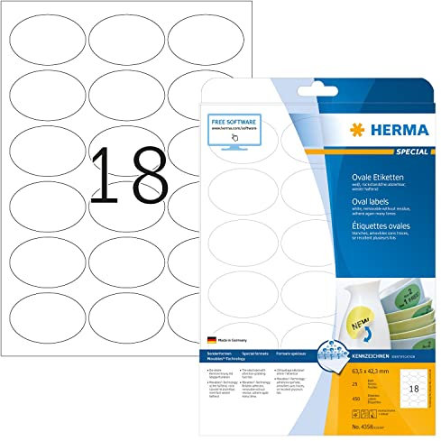 HERMA 4358 Universal Etiketten ablösbar, 800 Blatt, 63,5 x 42,3 mm, 18 pro A4 Bogen, 14400 Stück, selbstklebend, bedruckbar, matt, blanko Papier Klebeetiketten Aufkleber, weiß