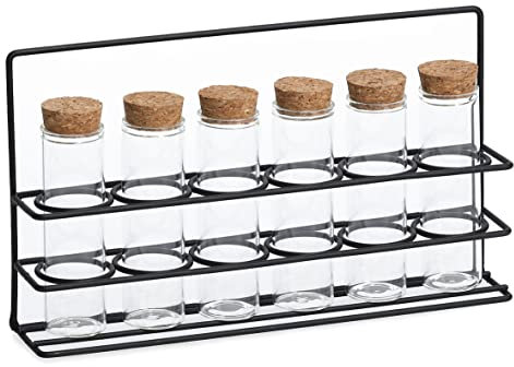 Zeller 19584 Gewürzständer-Set, 7-tlg., 55 ml, Glas/Metall/Kork, ca. 24,5 x 4,7 x 14 cm, Flasche:Ø3x10,7, Gewürzständer mit Tragegriff, Reagenzgläser-Stil, Geschenkidee, Dekoration