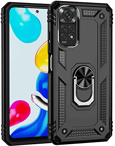 BestST Coque pour Xiaomi Redmi Note 11/Redmi Note 11S 159.9 + HD Verre trempé, étui Protection TPU/PC Souple Durable avec Support de 360° Rotation Anneau Antichoc Armor Box Coque, Noir