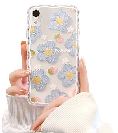 Fycyko Kompatibel mit iPhone XR Hülle Transparent Case Blume Aesthetic Silikon Süßes Blumen Design Handyhülle Silicone Frauen Mädchen Girls Cute Flowers Dünne Cover Schutzhülle für iPhone XR-Blau