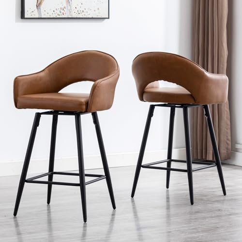 chairus Barhocker Drehbar mit Armlehnen PU Leder Bistrohocker 2er Set Tresenhocker Küche Hoher Hocker mit 4 Beine (Braun(PU Leder)-2)
