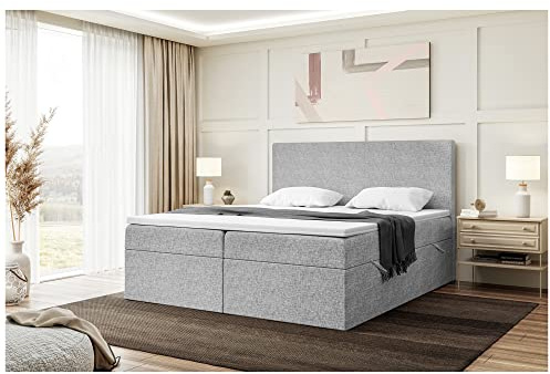 MEBLINI Boxspringbett mit Bettkasten - 160x200 - Gepolstert Doppelbett mit Matratze und Topper - Polsterbett mit Stauraum - Bett mit Kopfteil - Stauraumbett - Zlatan - H3/Grau Webstoff