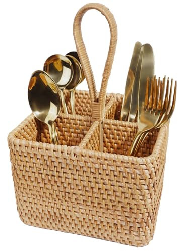 Natural Wicker Utensil Caddy with Built-in Handles,Wicker Silverware Caddy with 4 Compartments,Spoon Cutlery Holder Utensils Organizer,Condiment Organizer Silverware Holder(7.09 * 5.12 inch)