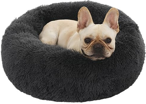 Enjamoy Hundebett Flauschig Donut Plüsch Katzenbett Hundekissen, Waschbar Rund Hundebetten für Kleine, Mittelgroße Hunde Katzen, Dunkelgrau 58cm
