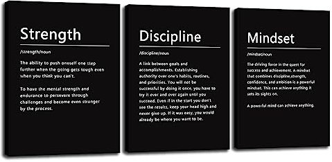 Strength Discipline Mindset Substantiv inspirierende Malerei Wandkunst 3-teilig Leinwanddruck Büro Wanddekoration Poster inspirierende gerahmte motivierende Zitate für Wandkunst Dekoration fertig zum