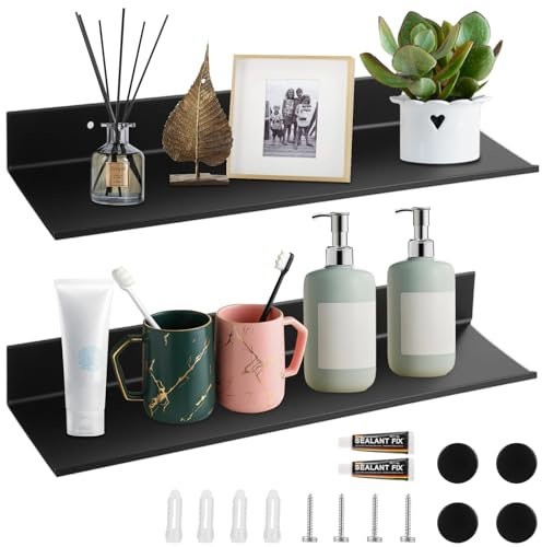 APACALI 2 Stück Wandregal Ohne Bohren, 40cm Wandregal Metall Schwarz, Wandregal Schwarz, Schweberegal Hängeregal, Regale für Wandmontage, Schwebendes Regal für Deko Bilderrahmen Badezimmer, 40x12x4CM