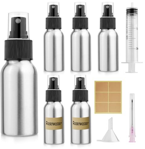 Furuising 5 Piezas Bote Spray Pulverizador de Aluminio, 50ML Niebla Fina Spray Bottle, Reutilizables Botellas de Spray de Vacío con 20ml Jeringa, Embudo para Agua, Cosméticos, Viajes, Limpieza
