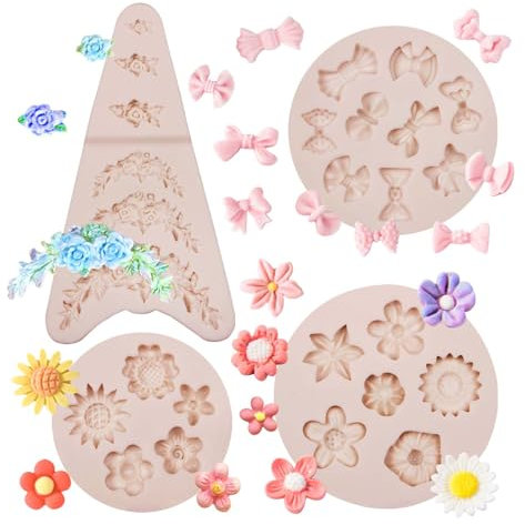 Muyulin Rosenkranz-Fondant-Form, 4 Packungen Mini-Blumen, Girlande, Schleife, Silikon-Schokoladenformen für Kuchendekoration, Cupcake-Topper, Hochzeit, Geburtstag, Party, Zaundekoration,