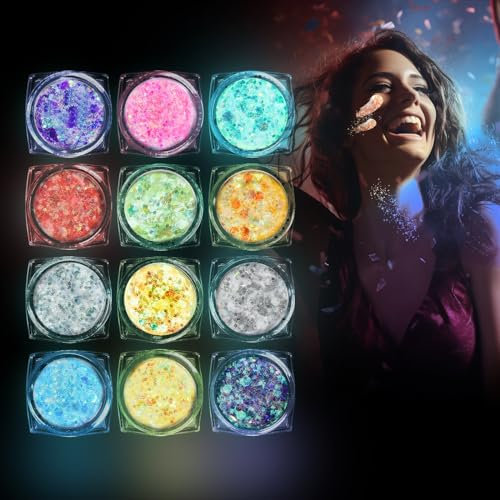 Paillettes Visage Gel, 12 Couleurs Maquillage Paillette, Fluorescent Paillette Visage Festival, Paillettes Corps pour Ongles, Cheveux, Masquerade, Fête, Halloween, Noël