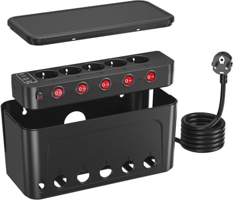 Steckdosenleiste mit Kabelbox Schwarz, Steckdosenleiste Einzeln Schaltbar Überspannungsschutz Kabel Organizer Box Steckerleiste mit Schalter Mehrfachsteckdose USB C Kabelmanagement Box,1,5m Kabel