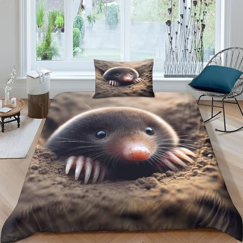 VesFy 3D Niedlicher Maulwurf Bettwäsche Bettbezug Set Kissenbezug Niedliche Tiere 2 Teilig Weiche Mikrofaser Für Jugendliche Kinder Schlafzimmer Für Jugendliche Kinder Schlafzimmer Single（135x200cm）