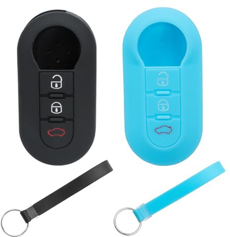2 Stück FIAT Schlüsselcover, 3 Tasten Autoschlüssel Hülle kompatibel mit FIAT 500 Panda Grande Punto Delta Bravo,Schwarz+Himmelblau