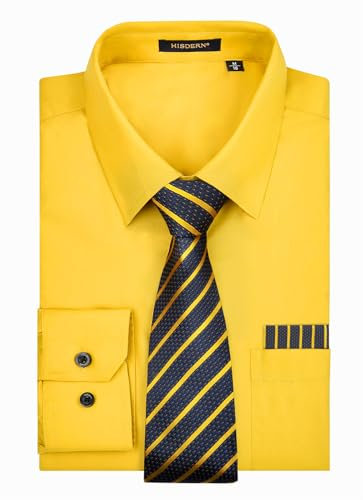 HISDERN Hemd Herren Langarm Gelb Hemd mit Krawatte Formelle Business Freizeithemden mit Brusttasche für Männer Regular Fit 4XL