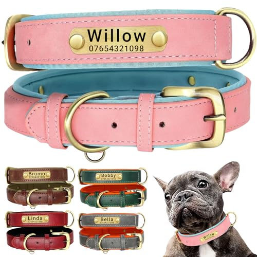 SEOUGEE Hundehalsband aus echtem Leder, personalisierbar, weich gepolstert, strapazierfähig, mit individuell graviertem Namensschild, verstellbar für kleine, mittelgroße und große Hunde (L, Rosa 35–45