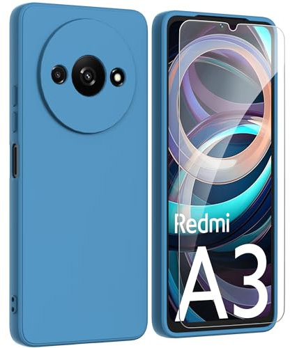 ARRYNN Funda Xiaomi Redmi A3 4G (6.71) con Cristal Templado Protector de Pantalla,Azul Ultra Slim Protectora Funda de Silicona Líquida Suave Case Cover - Azul