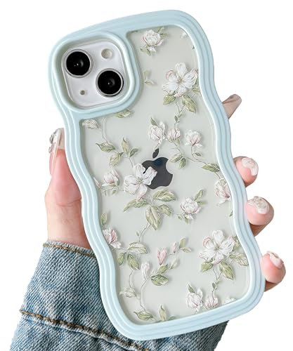 ZTOFERA Wavy Case for iPhone 14 Plus/15 Plus (6.7), Cute Clear Protective Case with Floral Leaves Pattern, Hard PC Colored Wave Frame Soft Silicone Bumper Shockproof Cover for Girls Women, Mint Green