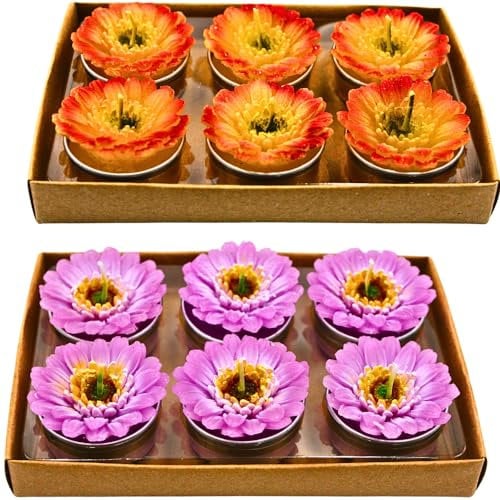 Dekohelden24 Lot de 12 bougies chauffe-plat en forme de gerbera, bougie de table, bougie de gerbera, bougie florale, jaune et violet, dimensions de chaque bougie : 4 x 3 x 4 cm, multicolore