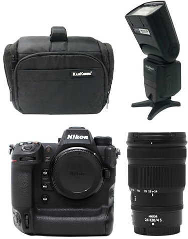 KamKorda Camera Bag + Flash + Z9 Mirrorless Digital Camera Body + Z 24-120mm f/4 S Lens, 45.7MP FX-Format Stacked CMOS Sensor, EXPEED 7 Image Processor, 8K30p and 4K120p Video + 2 Year Warranty