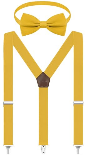 Fevaeno Hosenträger Fliege Set, Breit 2.5cm Y Form mit 3 Starken Clips, Einstellbar und Elastisch Einheitsgröß Hosenträger für Herren und Damen Gold