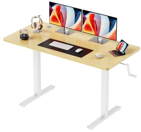 Bureau Assis Debout 120 x 60 cm, Bureau Réglable Manuellement Couleur chêne, Panneaux de Particules Anti-Rayures et Anti-salissures, Cadre Métallique Épais nacier au Carbone