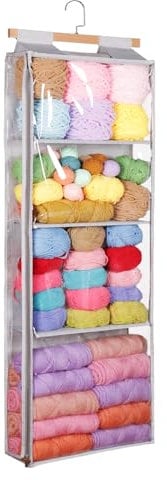 Syeeiex Hanging Yarn Storage Organiser with 4 Large Pockets, Clear Knitting Organiser Storage with Zippers for Crochet Lovers, Yarn Stoarge Bag with Over-Door Hooks for Knitting Needles Crochet Hook