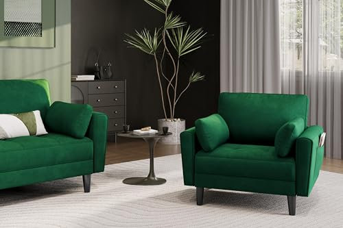 Yaheetech Modern Single Sofa Fabric 1 Seater Sofa Small Couch with 2 Pillows Lounge Sofa Set for Living Room Study Bedroom Velvet Fabric Green