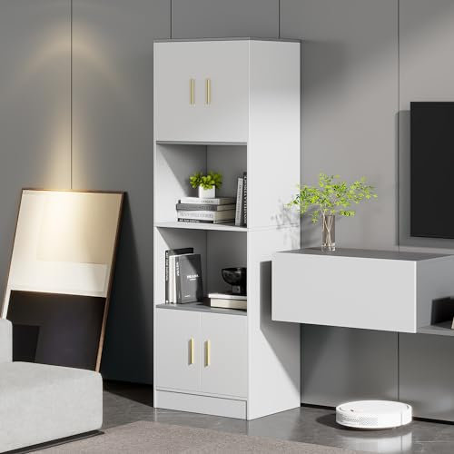 Lexiou Freistehende Vitrine 60x40x180 cm weiß - 4 Türen mit offenem Fach in der Mitte mit leise schließenden Scharnieren - Küchen-Highboards, Wohnzimmerständer, Vitrinen, Bücherregale