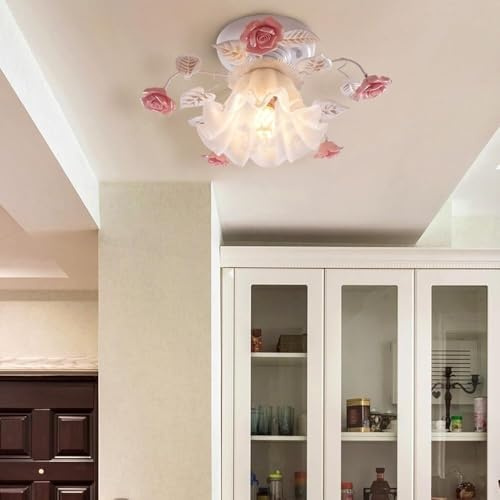 CYMHJ Semi Flush Mount Ceiling Light, White Glass Flower Ceiling Light, Nordic Modern Hallway Ceiling Light, Vintage Bathroom Lighting Fixture, for Entryway Porch Farmhouse Kitchen(White)