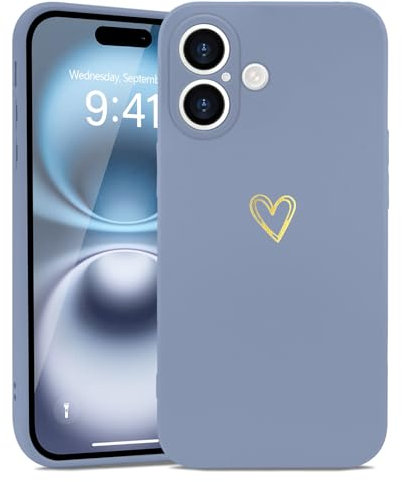 Wirvyuer for iPhone 16 Case Cute Heart Pattern Soft Shockproof Protective Silicone Phone Case for Women Girls, Blue Grey