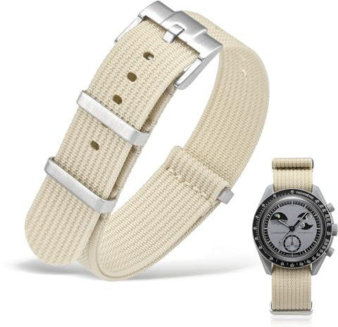 OLLREAR Moonswatch Swatch Armband Nylon Uhrenarmband 20 mm Nato Strap Lang Omega Swatch Moonwatch Uhr Ersatz Uhrenarmbänder für Herren Damen mit Silber Schnalle (20mm, Beige)