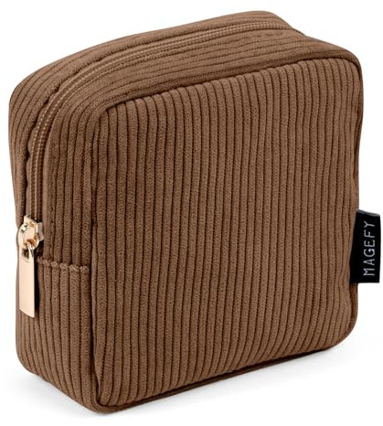 MAGEFY Mini Makeup Tasche Cute Makeup Pouch Kleine Kosmetiktasche für Frauen Mädchen Reise Make up Tasche mit Fächern(Braun)