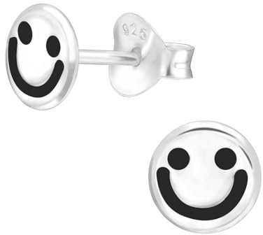 Monkimau Smiley Kinder Ohrringe | 925 Silber | Mädchen Ohrstecker Schmuck | Hypoallergen & Nickelfrei | Kinderohrringe Geschenkidee