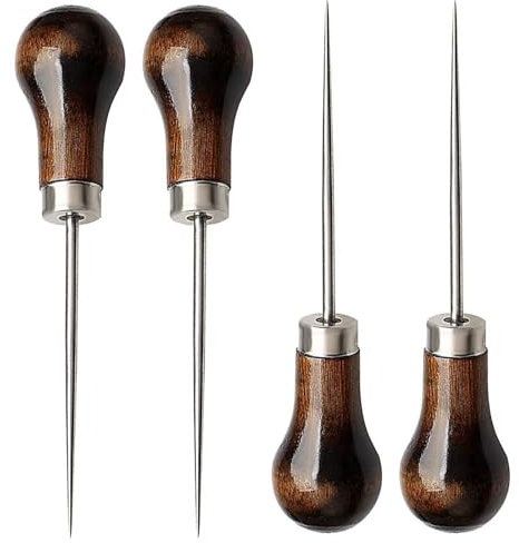 4 Pack Awl, Gourd Shape Awl Tailors Awl Wood Handle Scratch Awl Sewing Awl Tool for Leather