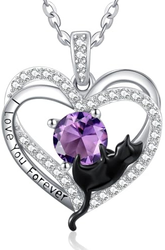 February Birthstone Amethyst Cat Necklaces for Women Sterling Silver Black Cat Heart Pendant Necklaces Cute Animal Jewellery Gifts for Women
