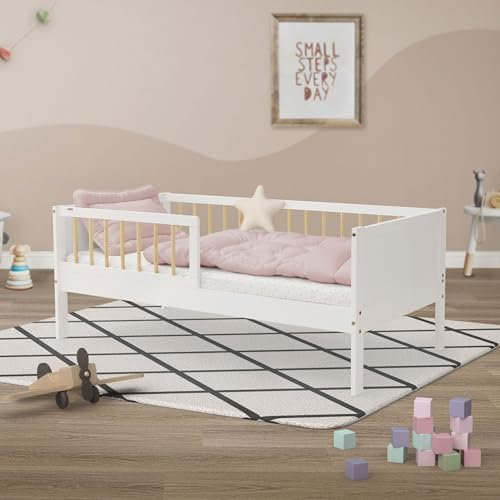 ML-Design Kinderbett 70x140 cm Weiß-Natur, Einzelbett für Kinder mit Lattenrost & Rausfallschutz, Jugendbett aus Kiefernholz, Holzbett Bettgestell für Jungen&Mädchen, Massivholz Babybett Kleinkindbett
