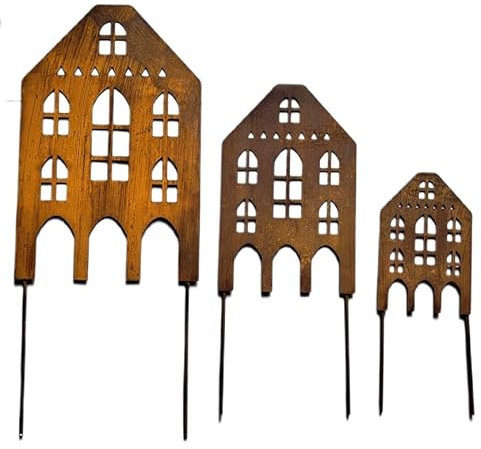 Kapaga - Set - Rostige Gartenstecker Häuser aus Metall - Vintage Garten-Deko - Wetterfeste Dekoration für den Außenbereich - Edelrost Metall-Häuser für Beete und Rasen