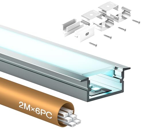 Shine Plus Profilé alu pour ruban LED 2 m x 6 pièces, rail Profilé U-forme taille 26,7mm x 10 mm, profilé encastrable diffuseur baguette profile, Largeur Maximale 16mm(6 × 2 Meter)