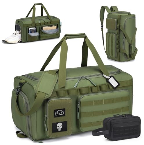 BAGZY 3 In 1 Sporttasche Herren Groß Taktischer Reisetasche 55L Mit Schuhfach Wasserdicht Arbeitstasche Herren Rucksack für Gym Fitness Weekender Schwimmen Yoga Travel Camping Damen Grün