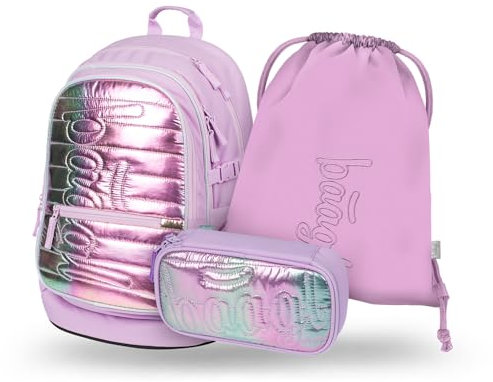 Baagl Schulrucksack Set Jungen Mädchen 3 Teilig, Schultasche für Grundschule Volksschule, Grundschule Ranzen mit Brustgurt, Ergonomischer Schulranzen (Levander)