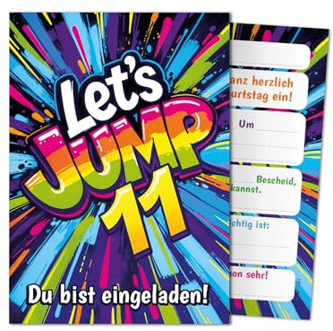 Junaversum 12 Einladungskarten zum 11. Kindergeburtstag Jump Party Mädchen Kinder Jungen coole bunte Einladungen elfte Geburtstag Geburtstagseinladungen Kids