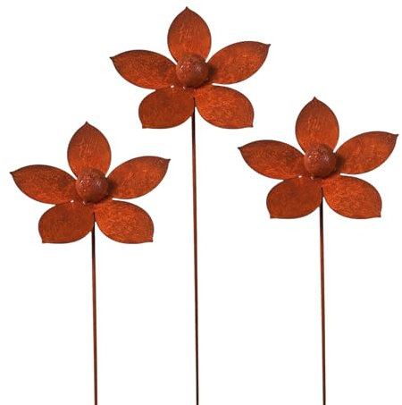 3er Set Gartenstecker Sonnenhut Metall Rost Gartendeko Edelrost Rankstab Beetstecker Topfstecker Naturrost (3er Blumen C)