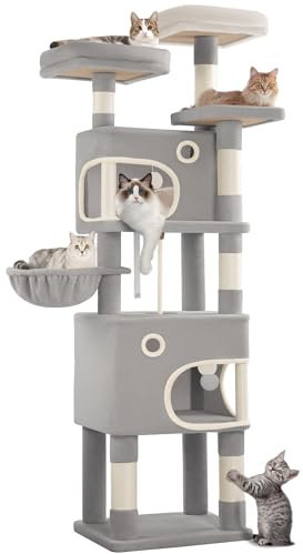 Hzuaneri Árbol para Gatos de 180 cm con 8 Postes Rascadores, 3 Plataformas, 2 Cuevas, Cesta, Bolas de Peluche y Cuerda de Sisal, Apto para Gatos de Todos Los Tamaños, Gris Claro MS18018LG