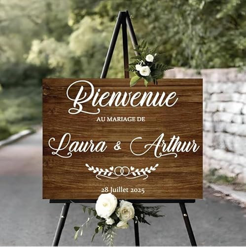 solenzo - Sticker de mariage avec prénom et date personnalisés pour panneau de bienvenue (Blanc, L 40 X 27)