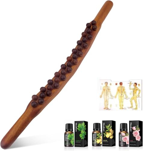 Gua Sha Wooden Therapy Stab, Holztherapiewerkzeug mit 31 Holzmassageperlen Faszienstab, Massagestab Holz, Ganzkörper Scraping Stick für Rücken Bauch Schulter Muskelentspannung Nacken Beine