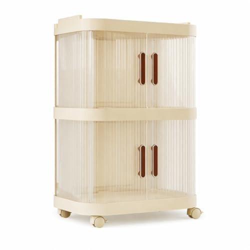 AWOI 2-Tier Slim Storage Cart with Doors, Narrow Rolling Organizer | 2-tier stackable design, 3-sided translucent doors, 4 smooth wheels, compact storage for tight bathroom spaces.